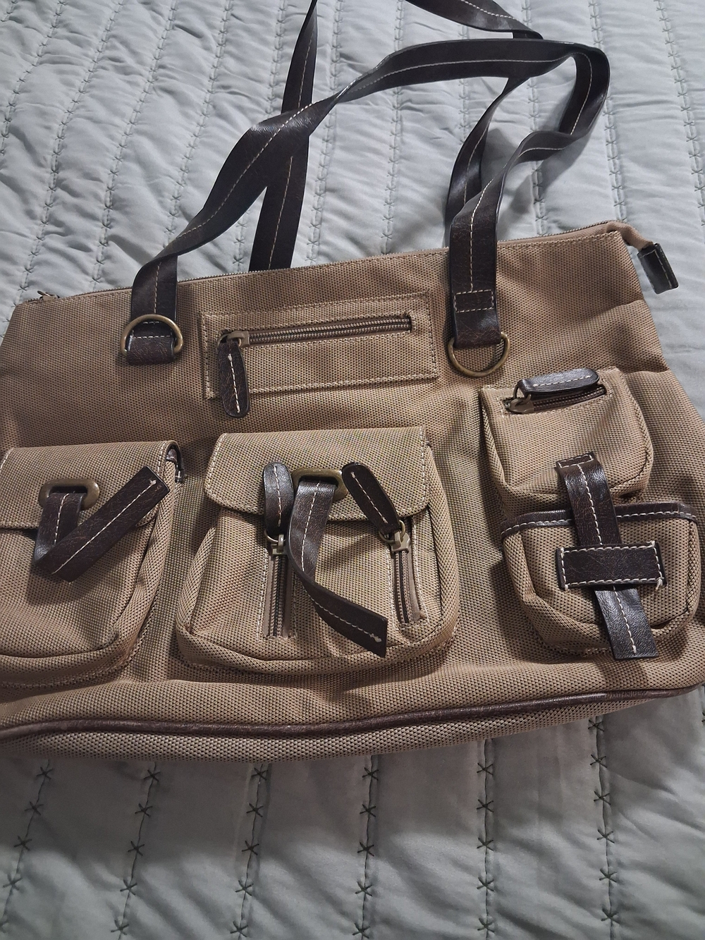 Men's Canvas Utility Tote Bag in Tan with Dark Brown Accents